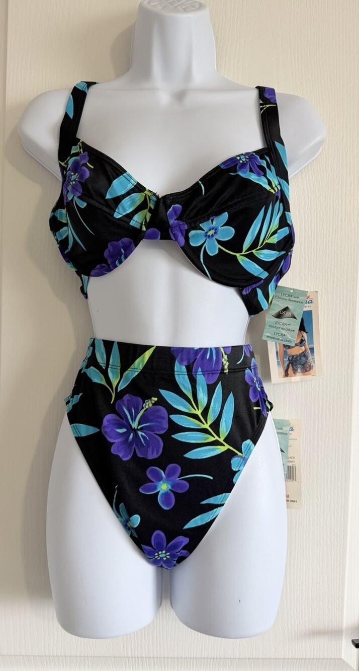 VTG NWT Catalina Floral Bikini Set Black Blue Tropical High Waist Size M/1X (XL)